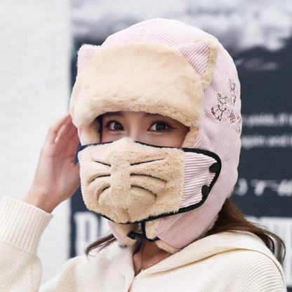cat hat, cat women hat, women hat, ladies hat, hat pink ladies winter hat with mask WCH:0024931740056.04
