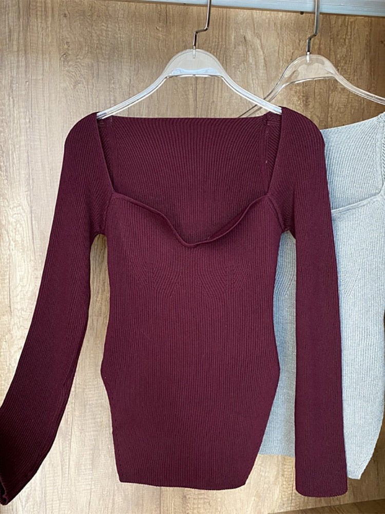 Burgundy / One Size / China square collar long sleeve women's sweater knit pullover 14:200002984#Burgundy;5:200003528;200007763:201336100
