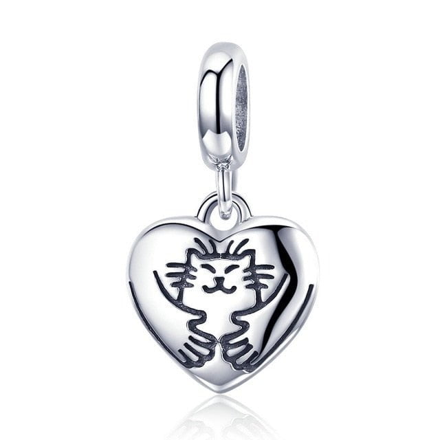 Cat Charms, Cat Jewelry, Cat Pendant, Silver Cat Charm ECC1178 Cat Heart Charm