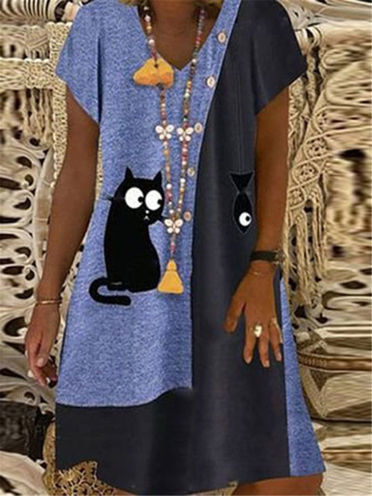 cat dress, women loose dress ladies, long tops dresses, sleeve casual long tops dress, cat women dress Loose Dress Women Cat Print