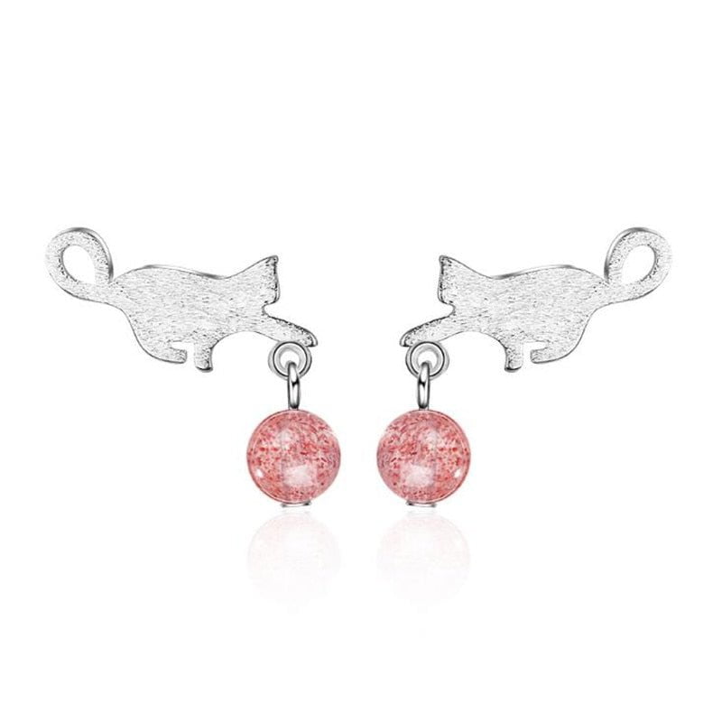 Cat Earrings, Cat Jewelry, Silver Cat Earrings Earrings Strawberry Ball