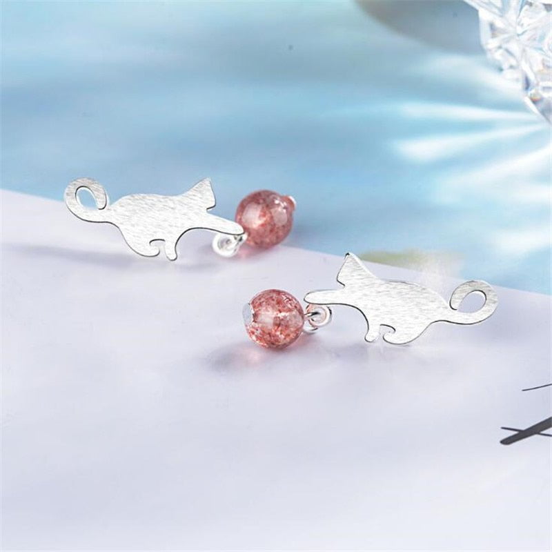 Cat Earrings, Cat Jewelry, Silver Cat Earrings Earrings Strawberry Ball