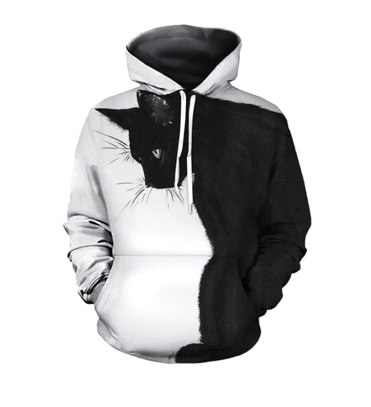 cat hoodies, cat men hoodie, women cat hoodie, pullover, fleace coat White black / M White hoodie Cat in Black