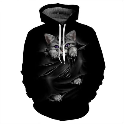 cat hoodies, cat men hoodie, women cat hoodie, pullover, fleace coat White hoodie Cat in Black