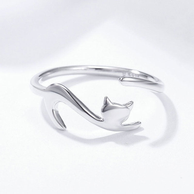 cat jewelry, cat ring, silver cat ring Resizable / As picture Cat Stretching Ring