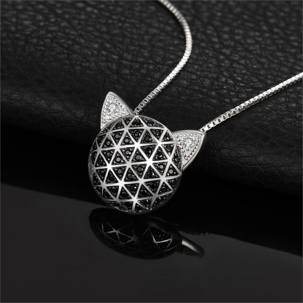 cat jewelry, s925 sterling silver, silver cat necklace, silver necklace China Black Face Necklace.