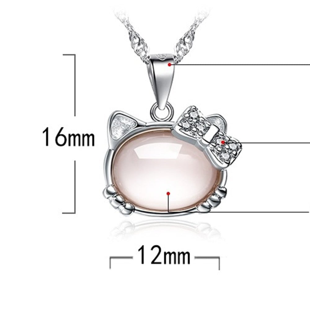 cat jewelry, s925 sterling silver, silver cat necklace, silver necklace Necklace- Cat Pink Stone.
