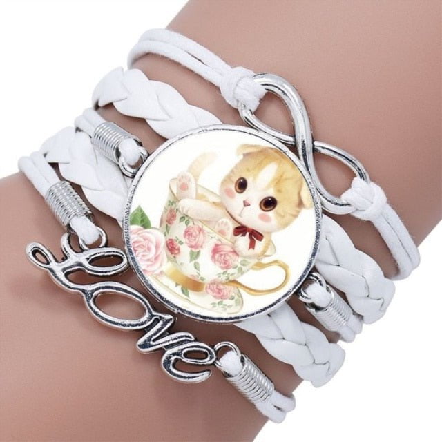 Cat jewelry, silver cat bracelet, cat bracelet 7 Leather Cuff Bracelet
