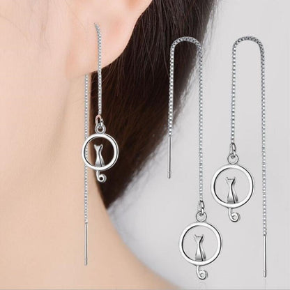 cat jewelry, silver cat earrings, long earrings, cat earrings Long Tassel Ear Line