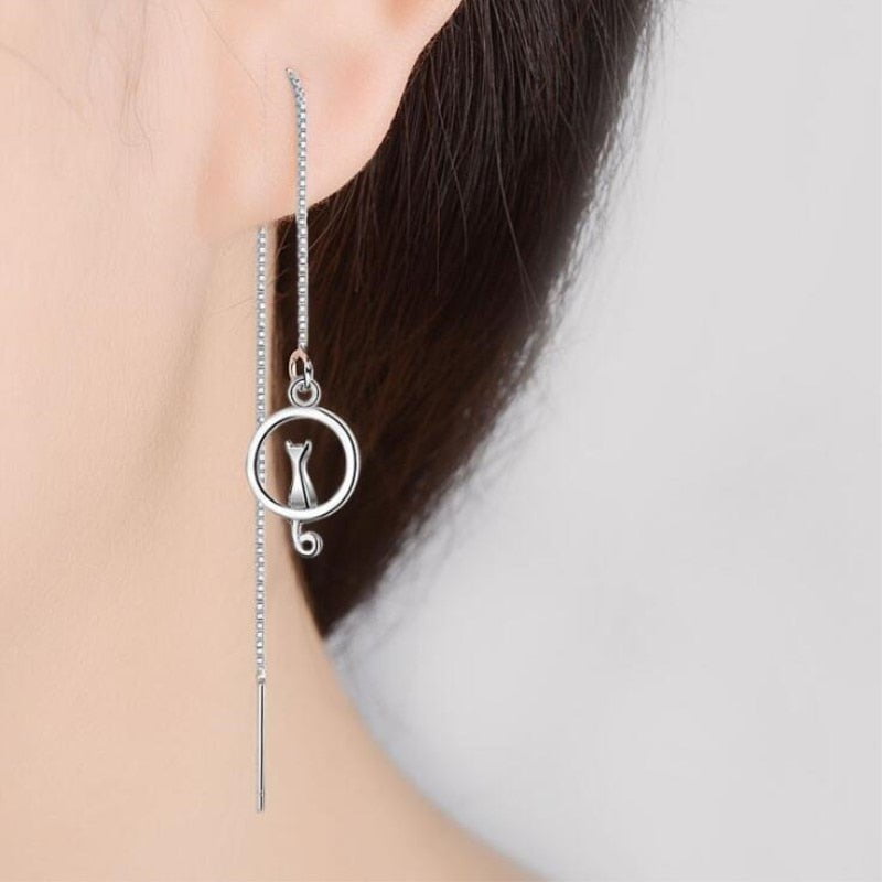 cat jewelry, silver cat earrings, long earrings, cat earrings Long Tassel Ear Line