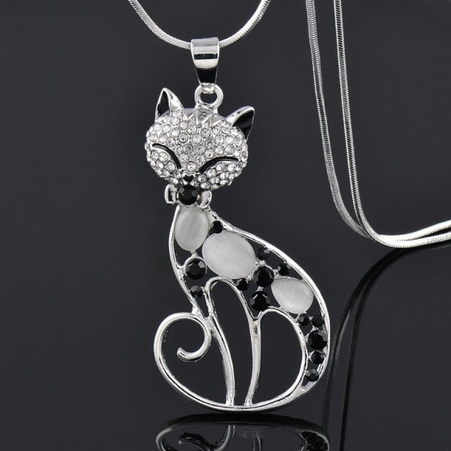 Cat jewelry, silver cat necklace, cat necklace Cat Necklace - Rhinestone