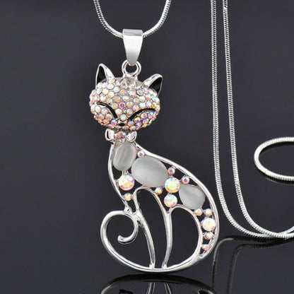 Cat jewelry, silver cat necklace, cat necklace Cat Necklace - Rhinestone