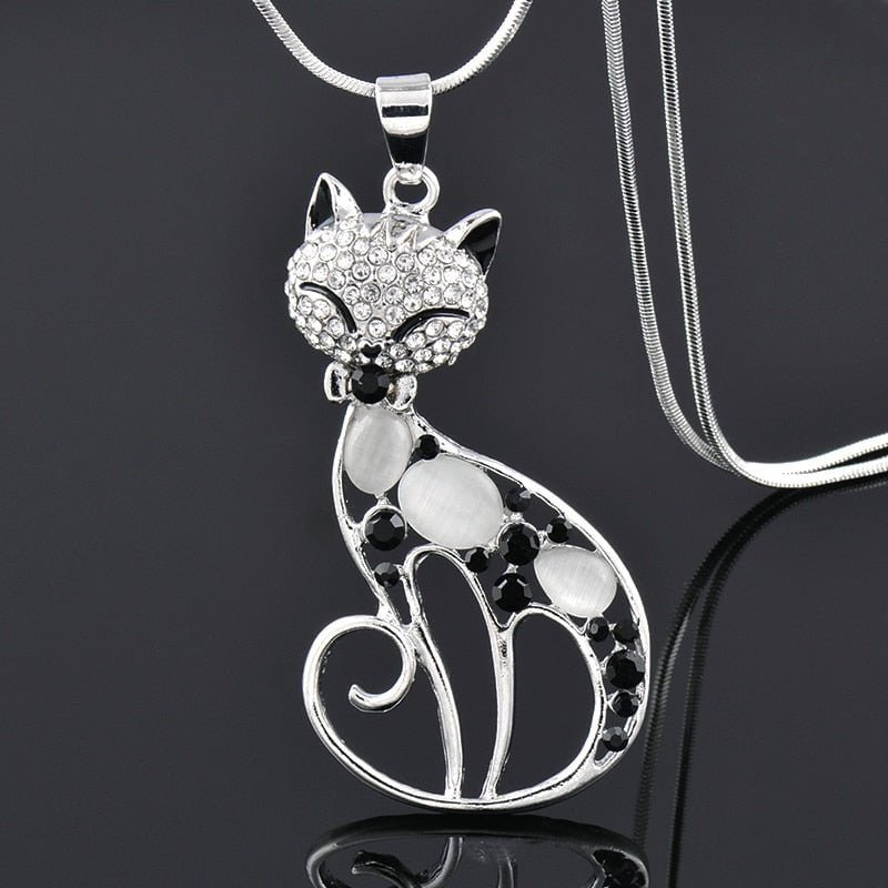 Cat jewelry, silver cat necklace, cat necklace main stone black Cat Necklace - Rhinestone