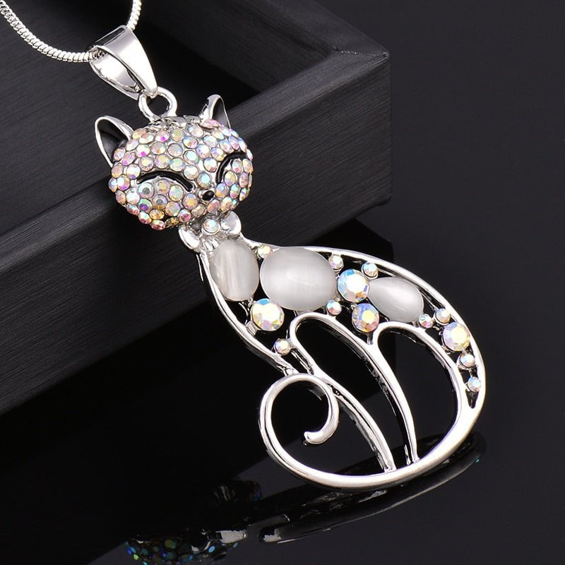 Cat jewelry, silver cat necklace, cat necklace main stone color Cat Necklace - Rhinestone
