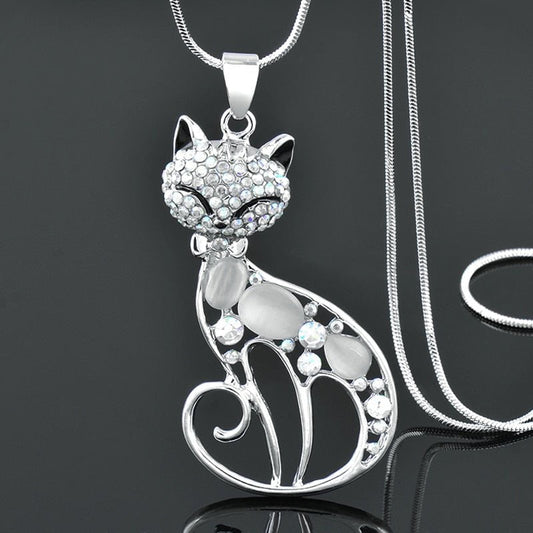 Cat jewelry, silver cat necklace, cat necklace main stone white Cat Necklace - Rhinestone