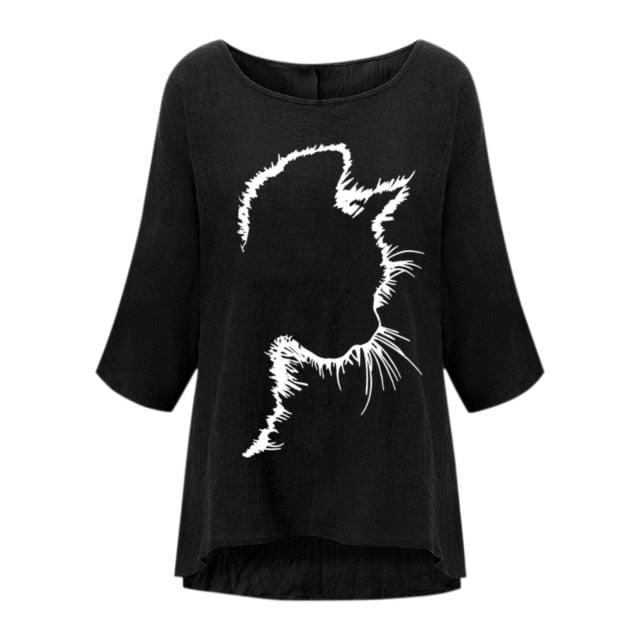 cat loose women blouse, women blouse Black / S Vintage cotton linen loose t shirt