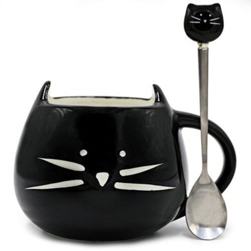 cat mug, cat kitchen, cat cup, cup and spoon. Black Cat Beasts Mug