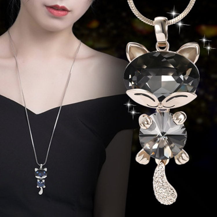 cat necklace, cat jewelry, silver cat necklace grey Blue Cat Neckalce