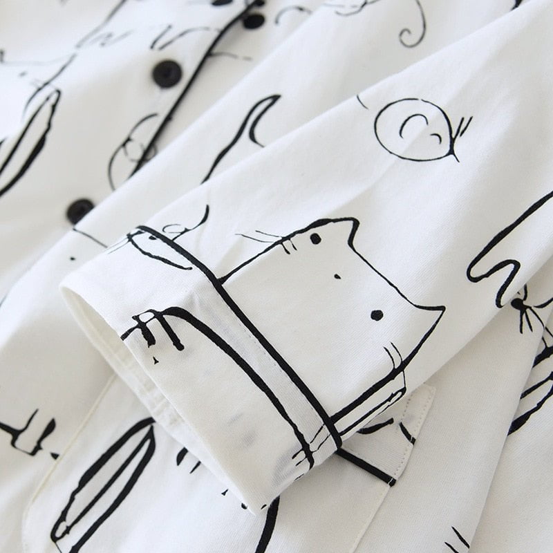 cat pajama set, cotton pajamas, women black cat pajama women's white pajama set