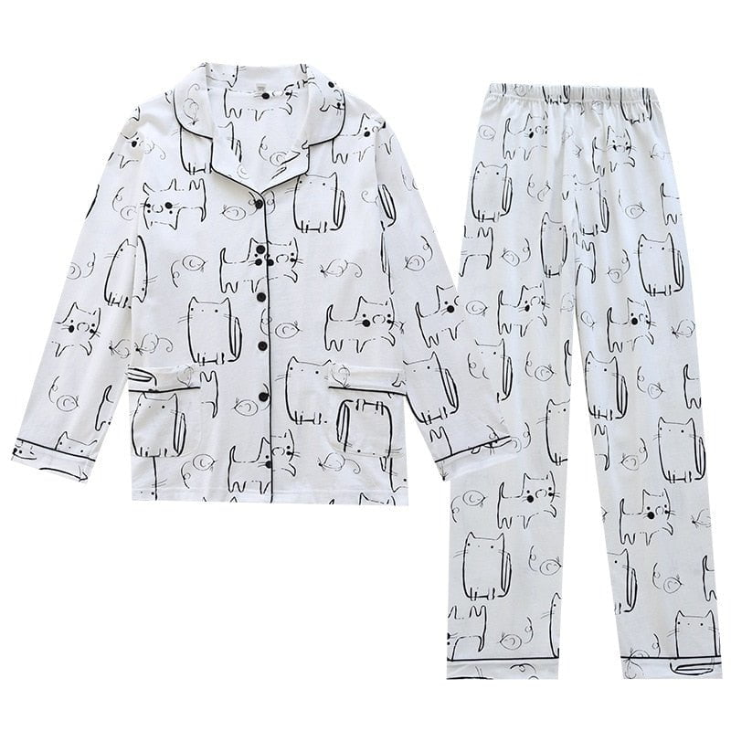 cat pajama set, cotton pajamas, women black cat pajama women's white pajama set