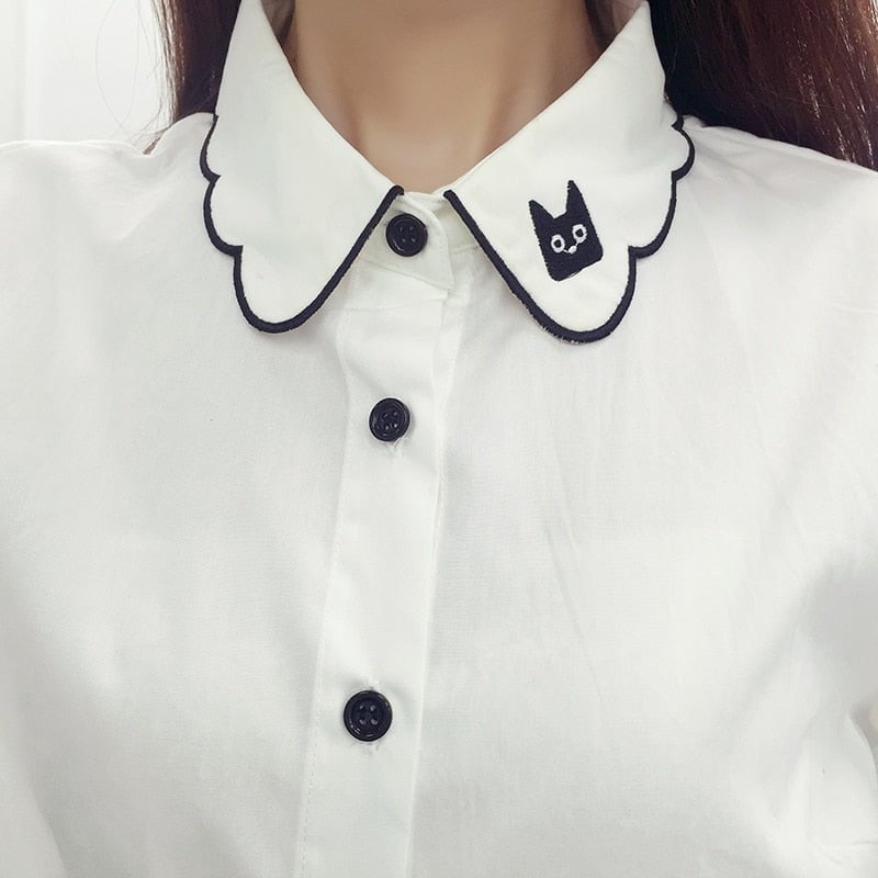 cat shirt, cat women blouse, cat women shirt White shirt Black Cat .