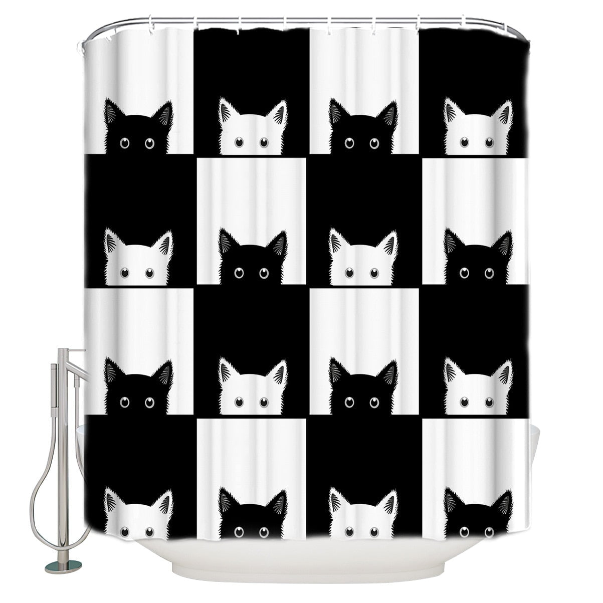 cat shower curtains, shower curtains, bathroom curtains Black White Plaid Cat Shower Curtain
