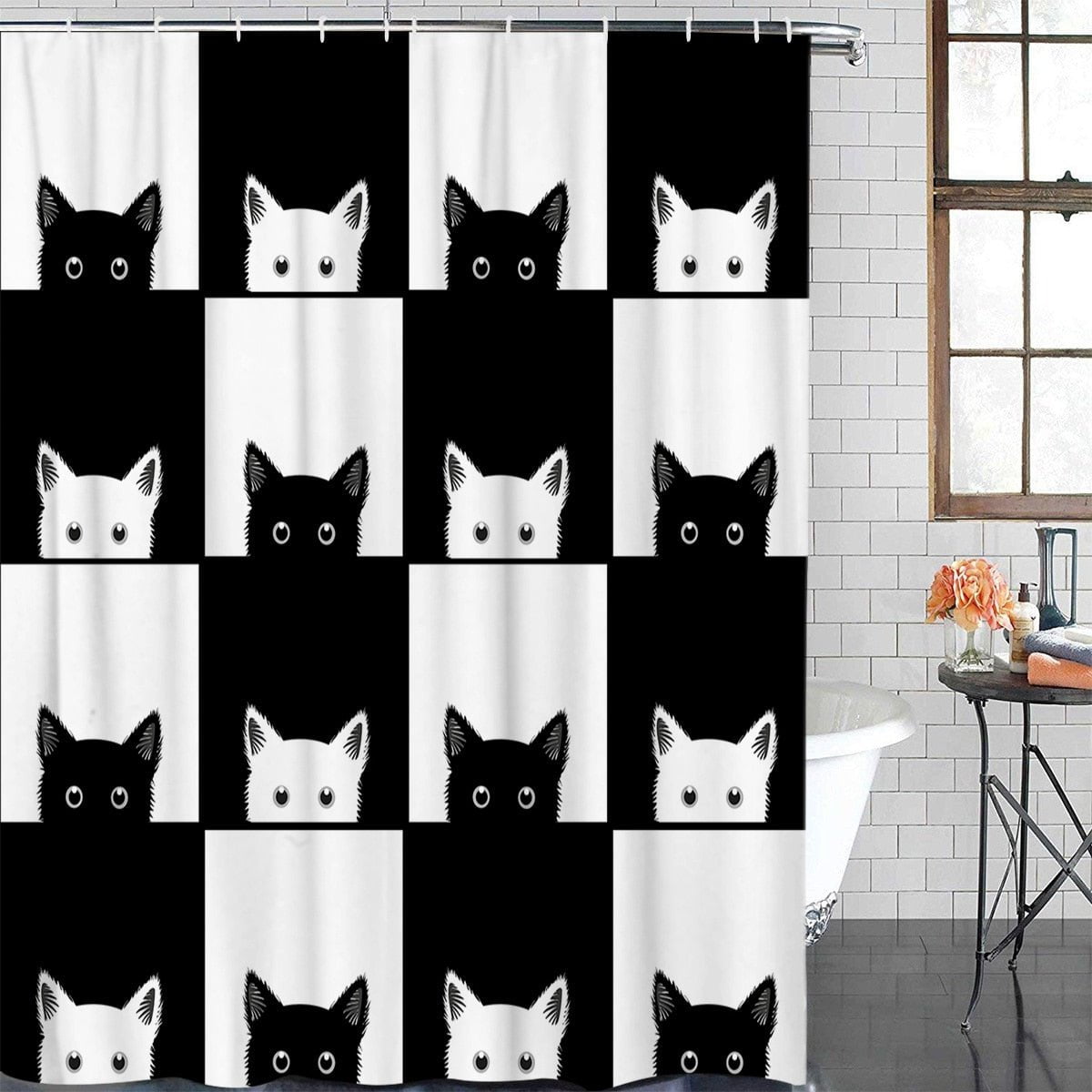cat shower curtains, shower curtains, bathroom curtains Black White Plaid Cat Shower Curtain