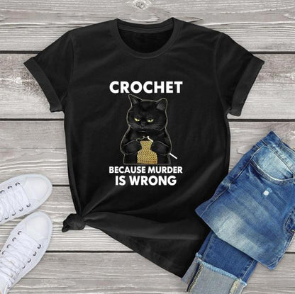 cat t-shirt, t-shirt, cat round neck, crochet Black / S T shirt Women's CROCHET tee