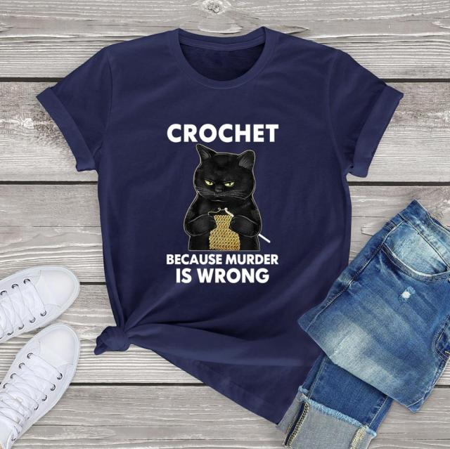 cat t-shirt, t-shirt, cat round neck, crochet NAVY / S T shirt Women's CROCHET tee