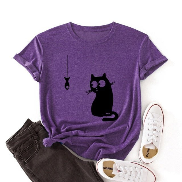 cat t-shirt, t-shirt, women tshirt Purple / S Women cotton t shirts purple FCP:0060000150717.37