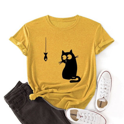 cat t-shirt, t-shirt, women tshirt Yellow / S Women cotton t shirts yellow FCY:0060000150717.43
