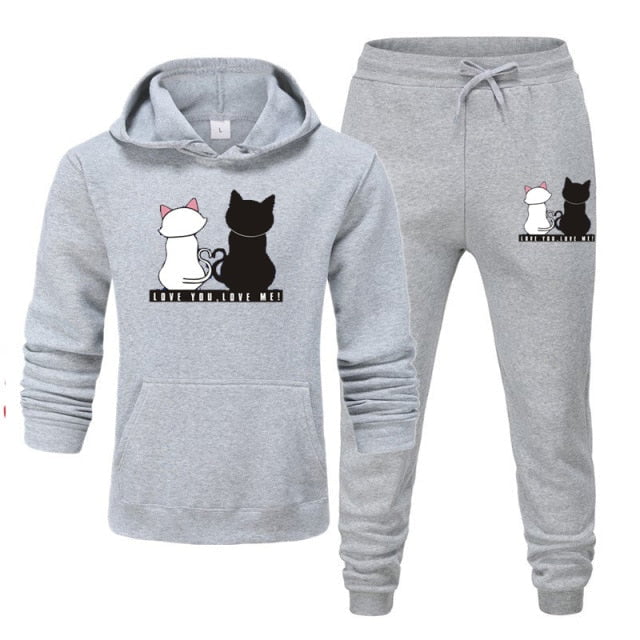 cat tracksuits set, tracksuits, cat hoodies and trouser, cat hoodie, sweater and trouser Grey / S Ladies winter tracksuit bottoms LCS:001767181025