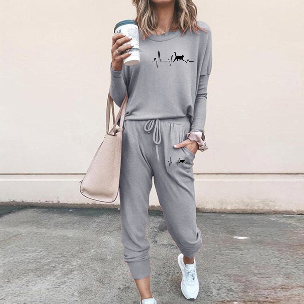 cat tracksuits set, tracksuits, cat hoodies and trouser, cat hoodie, sweater and trouser Light Grey / S Women tracksuit set LCTS:003445932847.26