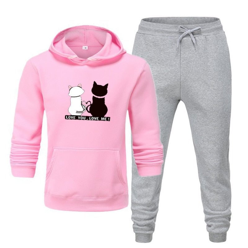cat tracksuits set, tracksuits, cat hoodies and trouser, cat hoodie, sweater and trouser Pink / S Ladies winter tracksuit bottoms LCS:001767181025