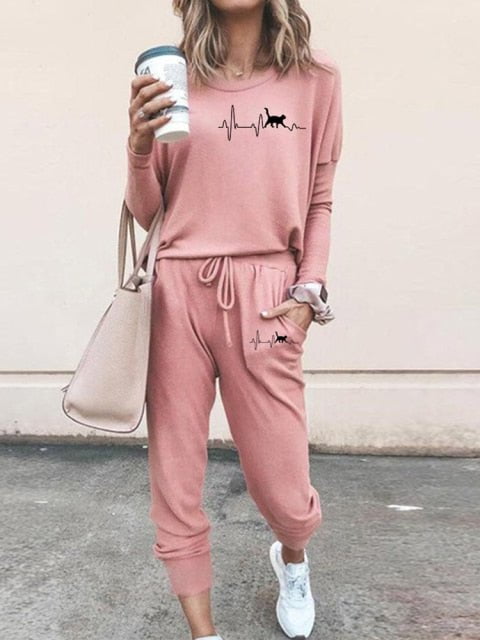 cat tracksuits set, tracksuits, cat hoodies and trouser, cat hoodie, sweater and trouser Pink / S Women tracksuit set LCTS:003445932847.21