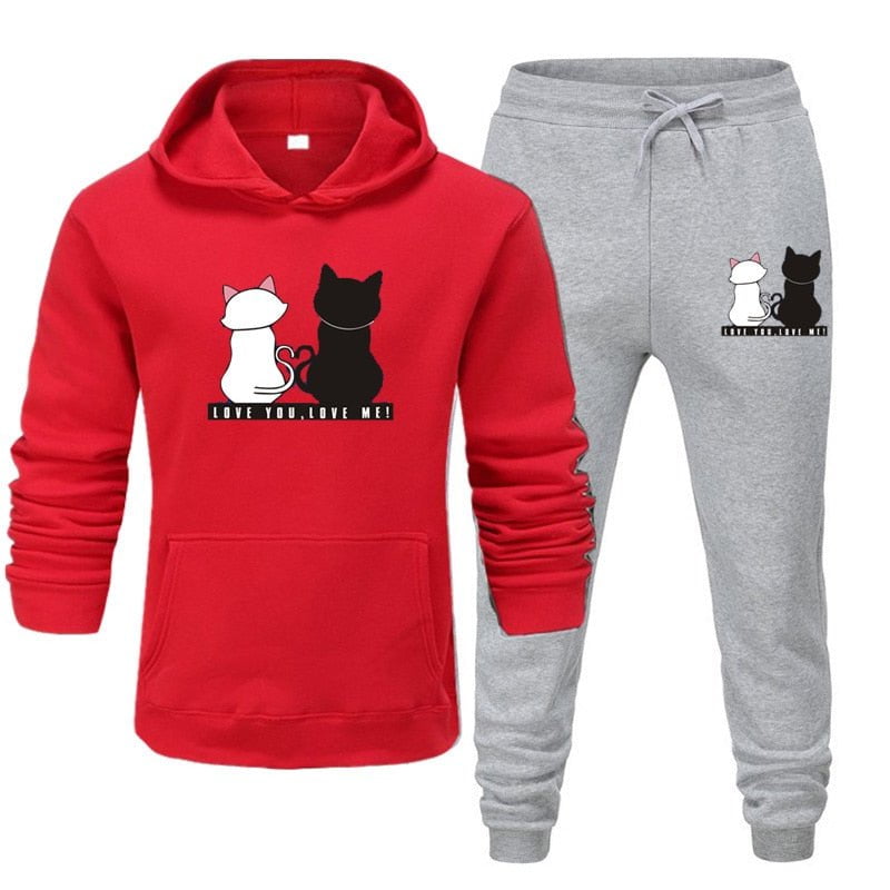 cat tracksuits set, tracksuits, cat hoodies and trouser, cat hoodie, sweater and trouser Red / S Ladies winter tracksuit bottoms