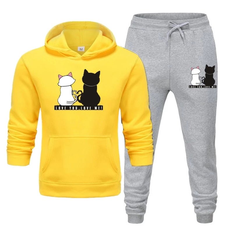 cat tracksuits set, tracksuits, cat hoodies and trouser, cat hoodie, sweater and trouser Yellow / S Ladies winter tracksuit bottoms LCS:001767181025