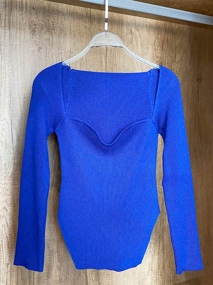 Blue / One Size / China square collar long sleeve women's sweater knit pullover 14:173;5:200003528;200007763:201336100