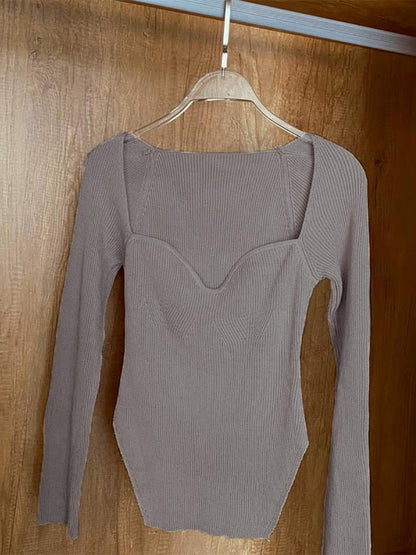Gray Brown / One Size / China square collar long sleeve women's sweater knit pullover 14:200004890#Gray Brown;5:200003528;200007763:201336100