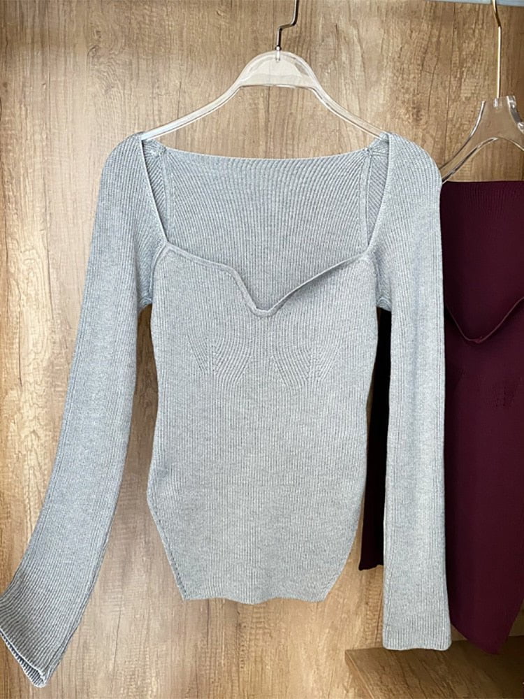 Gray / One Size / China square collar long sleeve women's sweater knit pullover 14:691;5:200003528;200007763:201336100