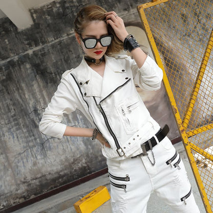 Jeans casual suit, white two-piece suit, jeans suit Ladies white jean jacket and trouser