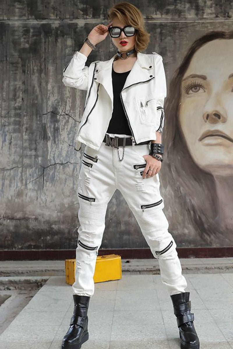 Jeans casual suit, white two-piece suit, jeans suit Ladies white jean jacket and trouser