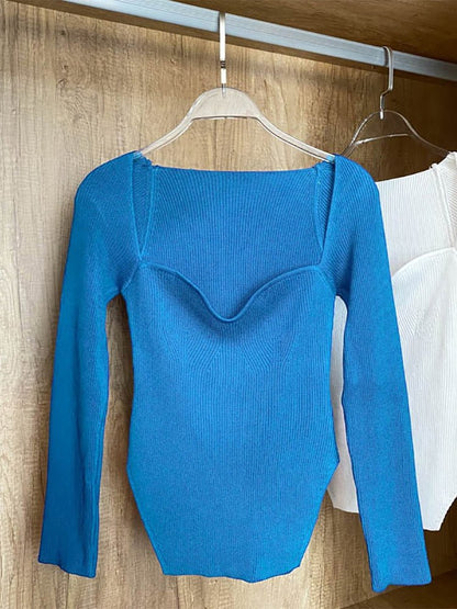 Lake Blue / One Size / China square collar long sleeve women's sweater knit pullover 14:1254#Lake Blue;5:200003528;200007763:201336100