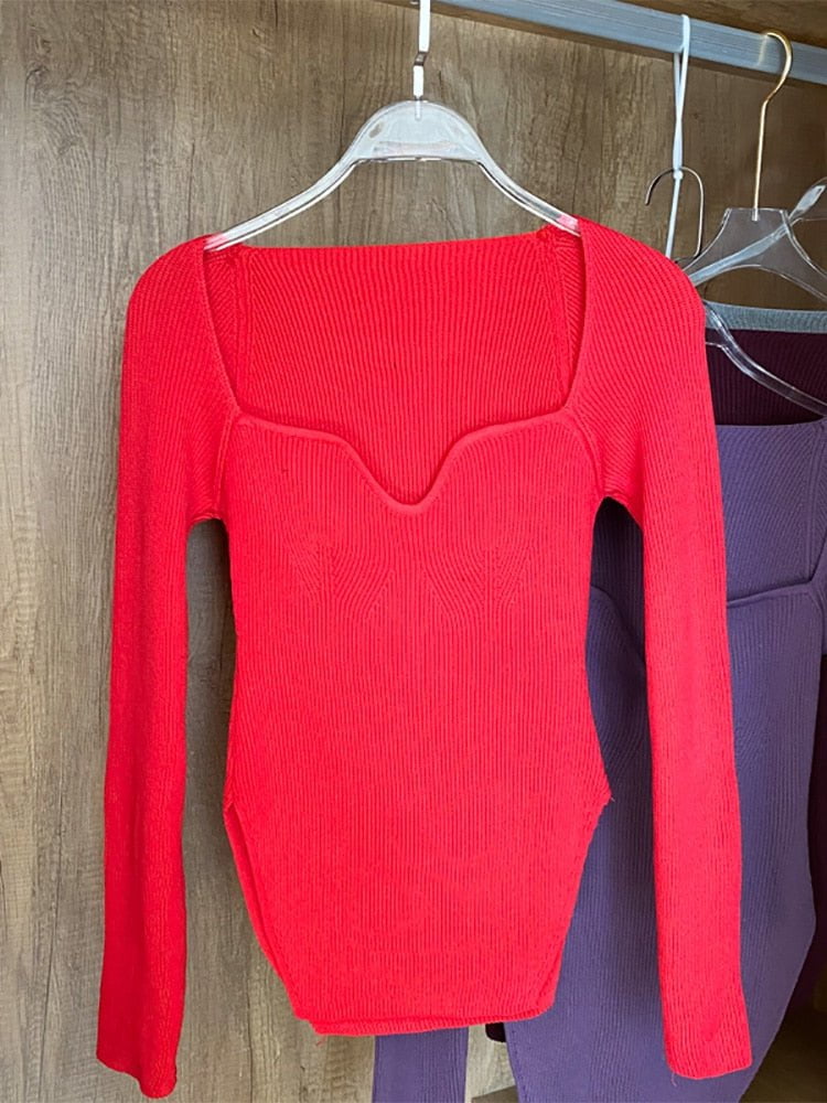 Red / One Size / China square collar long sleeve women's sweater knit pullover 14:10;5:200003528;200007763:201336100