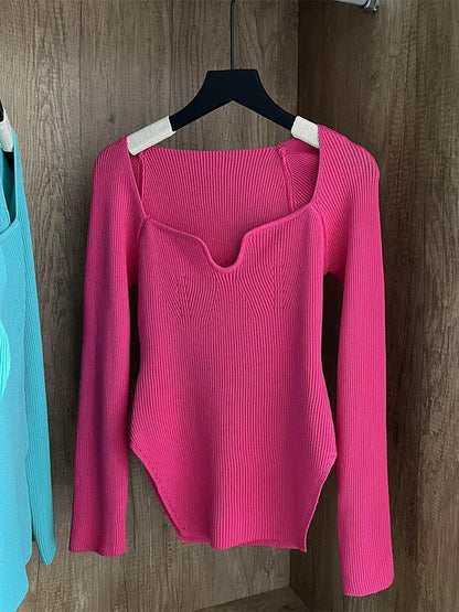 Rose Red / One Size / China square collar long sleeve women's sweater knit pullover 14:201766813#Rose Red;5:200003528;200007763:201336100