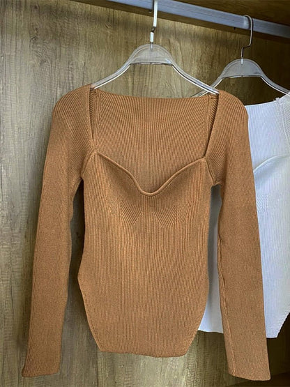 Sand Brown / One Size / China square collar long sleeve women's sweater knit pullover 14:365458#Sand Brown;5:200003528;200007763:201336100