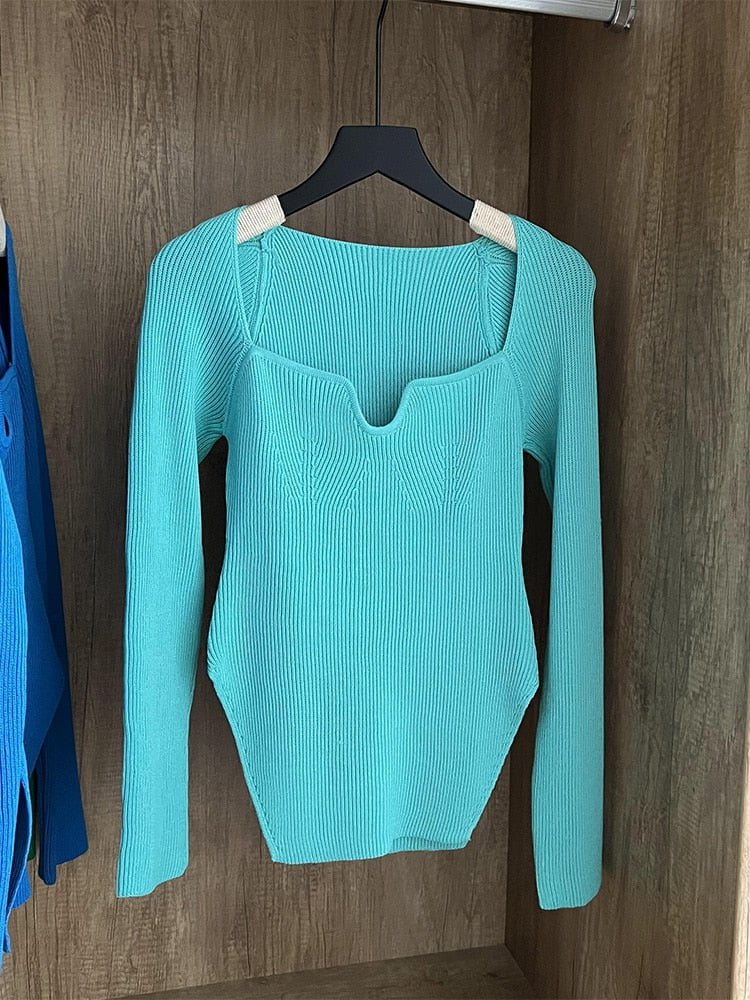 Cyan / One Size / China square collar long sleeve women's sweater knit pullover 14:203008818#Cyan;5:200003528;200007763:201336100