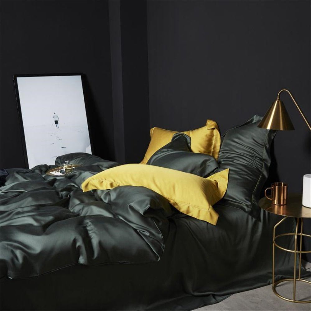 Duvet cover set, duvet cover, bedding set, silk bedding set, silk100% duvet cover Dark Green 100% Silk Bedding set.