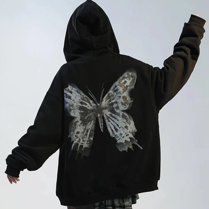Oversize hoodie Women's black zip up hoodie Butterfly