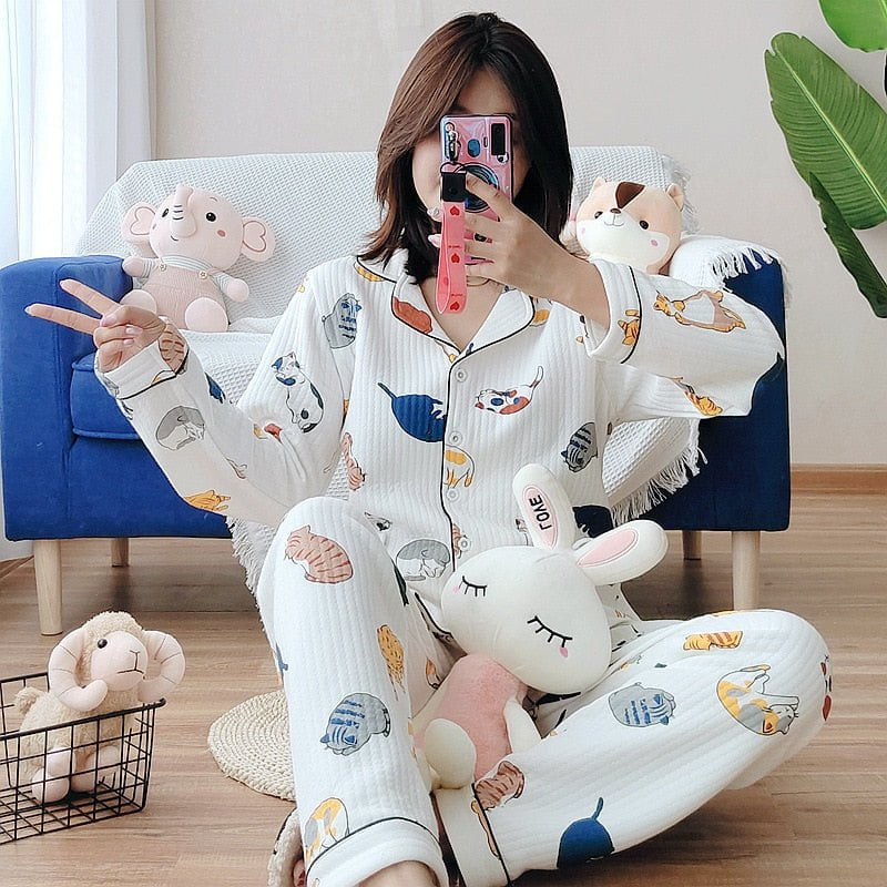 thick warm 100% cotton cat pajamas, winter pajamas, women winter pajamas Women's winter pajamas set
